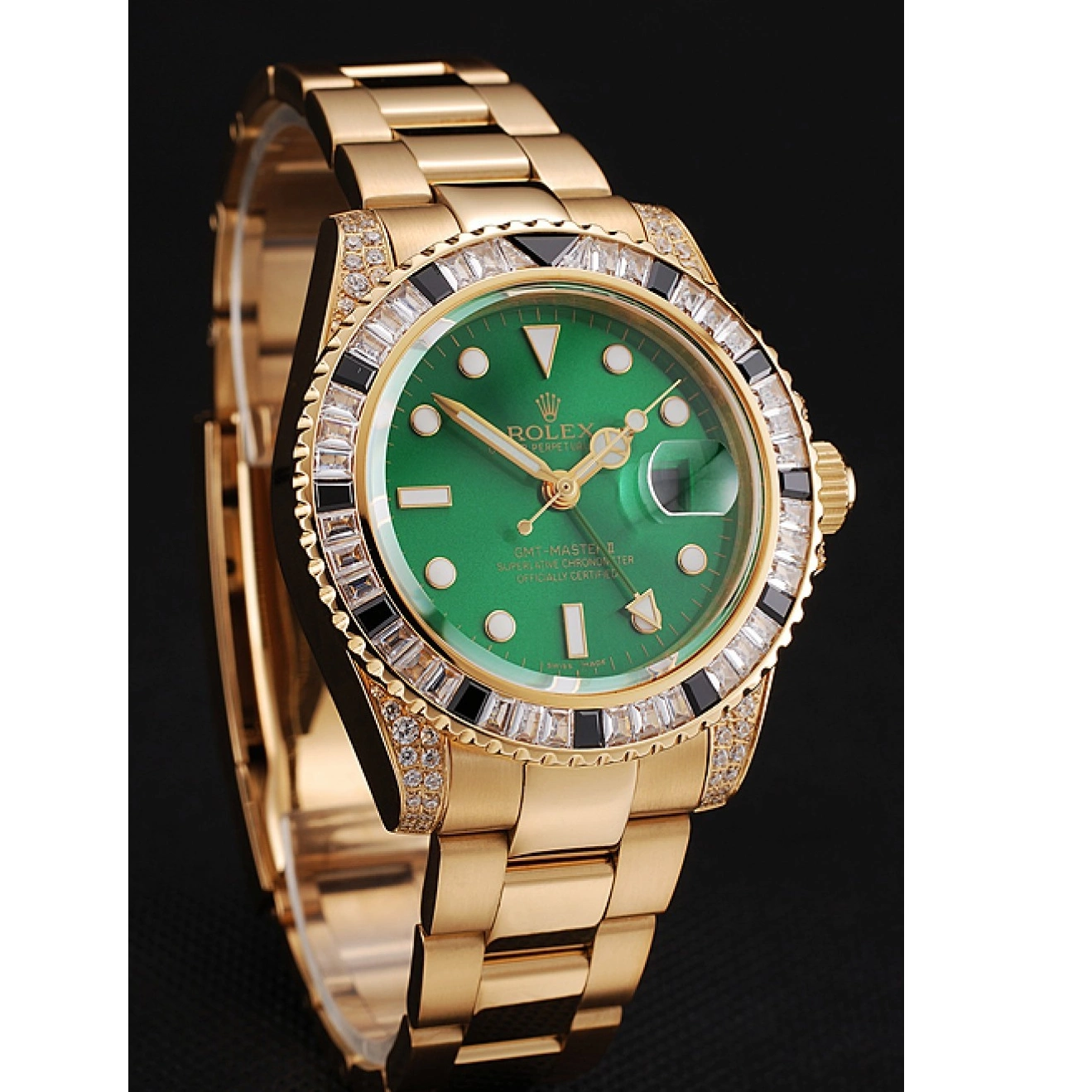 Best AAA Replica Sites Rolex 1453748 Gold Bezel Bracelet GMT Swiss Master Green Set And Case Stone II Dial 0528